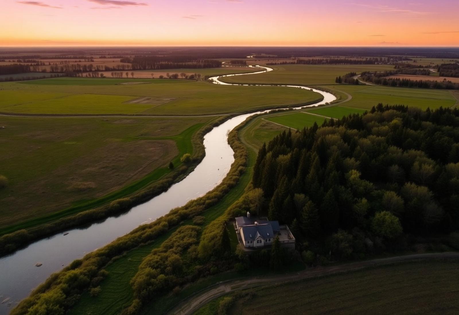 Aerial view of land with winding river
